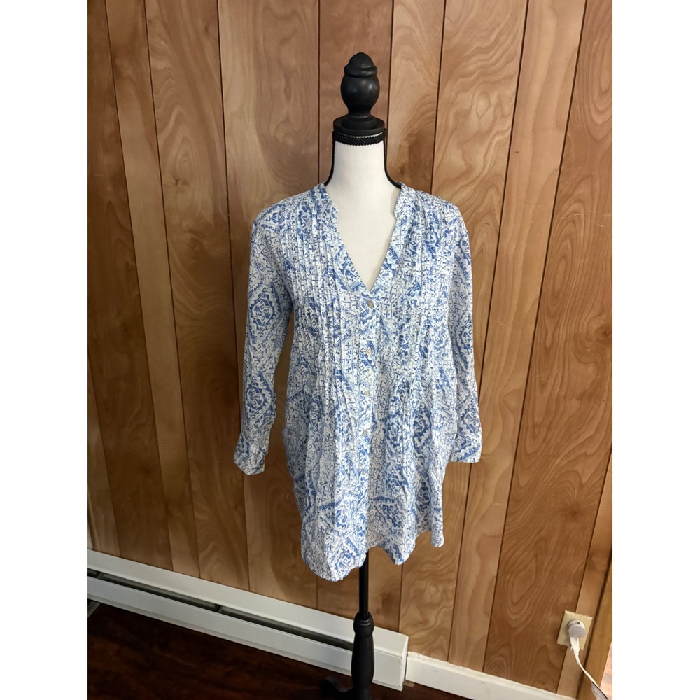 Rock Flower Paper Blue White Cotton Pintuck Tunic Top Geometric Print Small